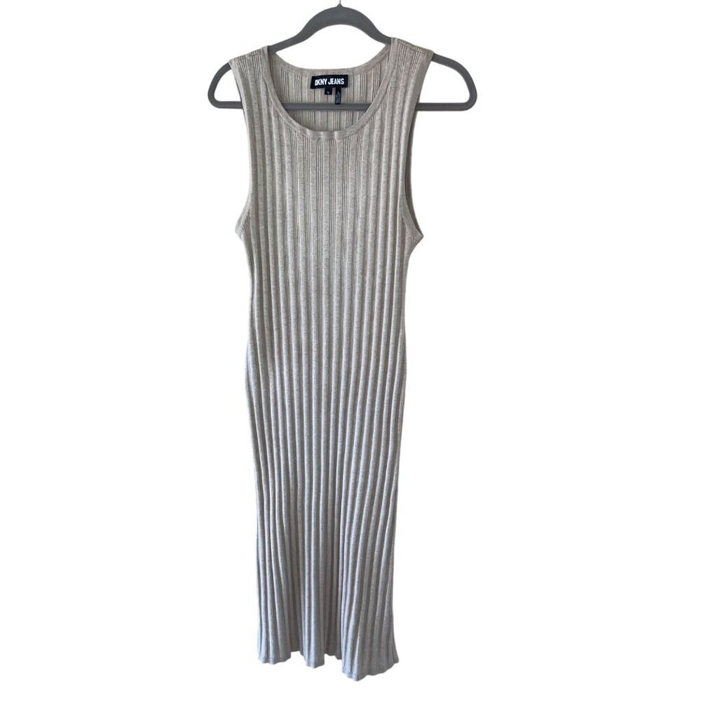 Dkny Jeans Vintage 90s Womens Dress Maxi Size XL Beige Ribbed Sleeveless Y2K